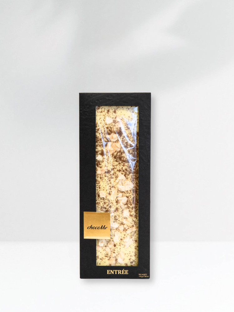 BIJELA ČOKOLADA S KANDIRANIM JASMINOM, ZRNIMA KAVE I ZLATOM 110GR